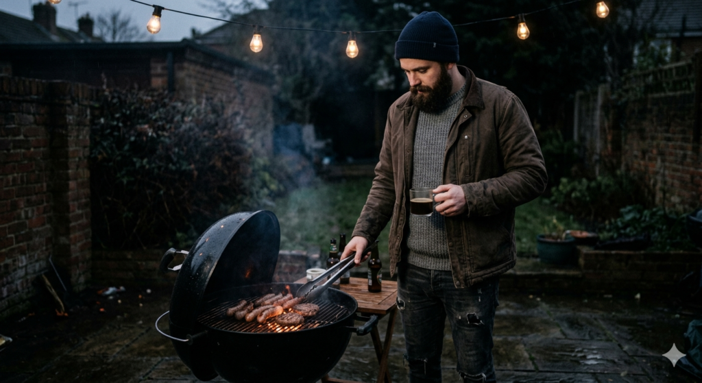 A bearded man in a beanie and wax jacket tends to sausages on a kettle BBQ in a backyard at dusk, holding a coffee, string lights above